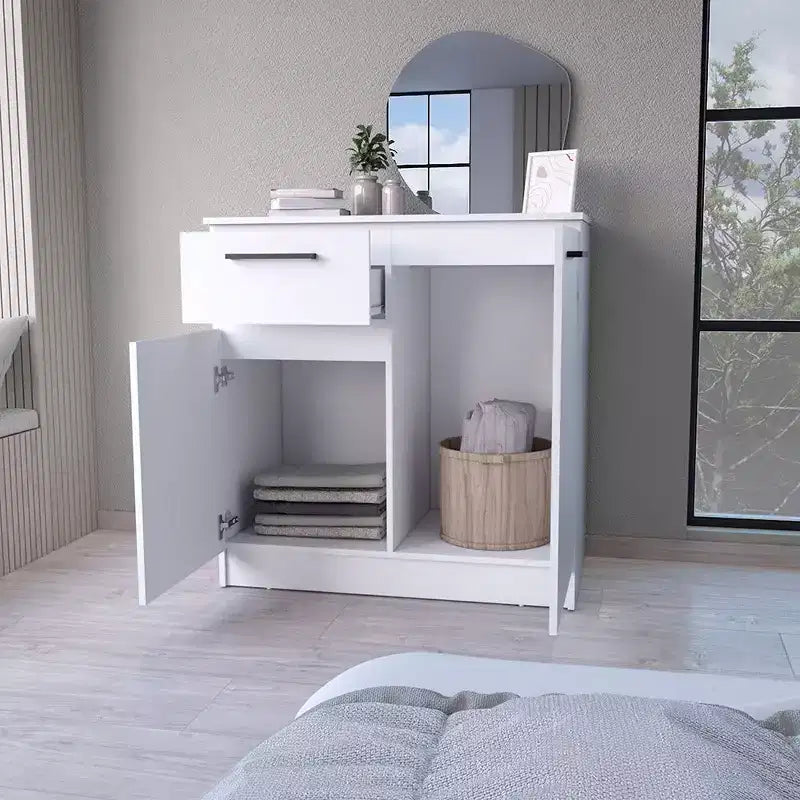 Okak Cómoda de 2 puertas y 1 cajón, amplio almacenamiento con compartimento de 2 puertas y cajón para objetos pequeños, fácil de limpiar, elegantes tiradores para dormitorio
