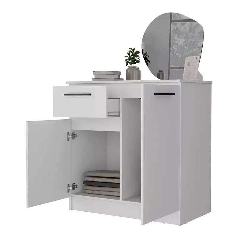 Okak Cómoda de 2 puertas y 1 cajón, amplio almacenamiento con compartimento de 2 puertas y cajón para objetos pequeños, fácil de limpiar, elegantes tiradores para dormitorio