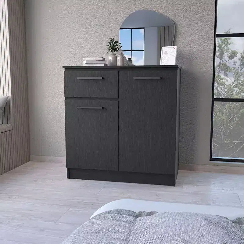 Okak Cómoda de 2 puertas y 1 cajón, amplio almacenamiento con compartimento de 2 puertas y cajón para objetos pequeños, fácil de limpiar, elegantes tiradores para dormitorio
