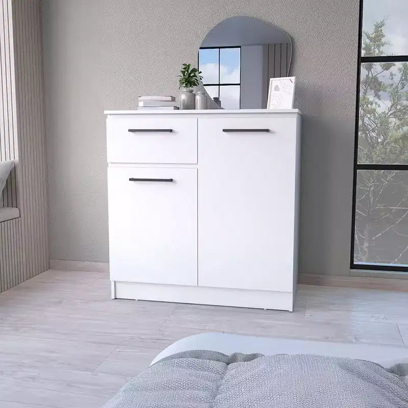 Okak Cómoda de 2 puertas y 1 cajón, amplio almacenamiento con compartimento de 2 puertas y cajón para objetos pequeños, fácil de limpiar, elegantes tiradores para dormitorio