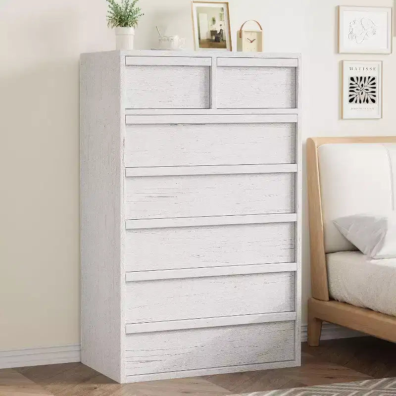 Cómoda alta de madera natural moderna con cajones grandes de almacenamiento, elegante organizador de tocador para dormitorio o sala de estar