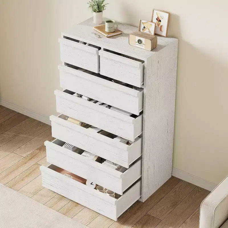 Cómoda alta de madera natural moderna con cajones grandes de almacenamiento, elegante organizador de tocador para dormitorio o sala de estar