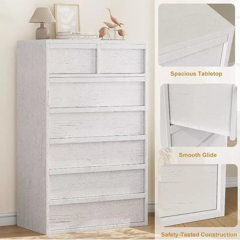 Cómoda alta de madera natural moderna con cajones grandes de almacenamiento, elegante organizador de tocador para dormitorio o sala de estar