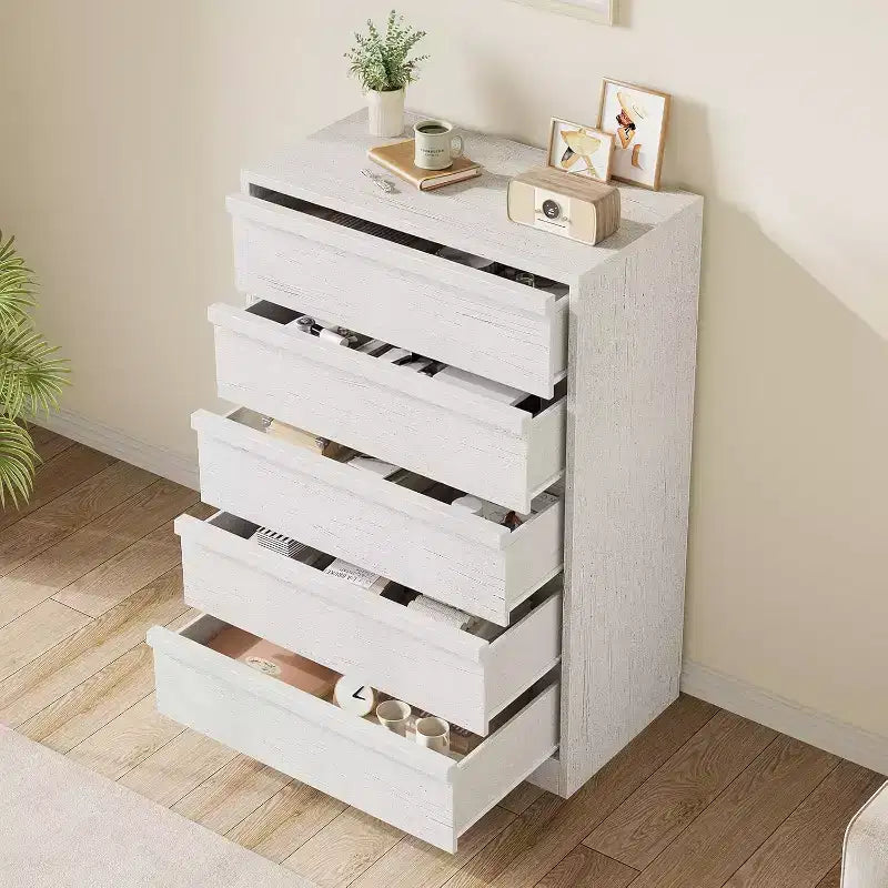 Cómoda alta de madera natural moderna con cajones grandes de almacenamiento, elegante organizador de tocador para dormitorio o sala de estar