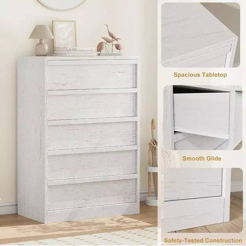 Cómoda alta de madera natural moderna con cajones grandes de almacenamiento, elegante organizador de tocador para dormitorio o sala de estar