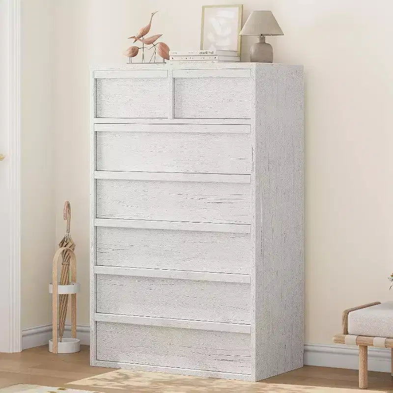 Cómoda alta de madera natural moderna con cajones grandes de almacenamiento, elegante organizador de tocador para dormitorio o sala de estar