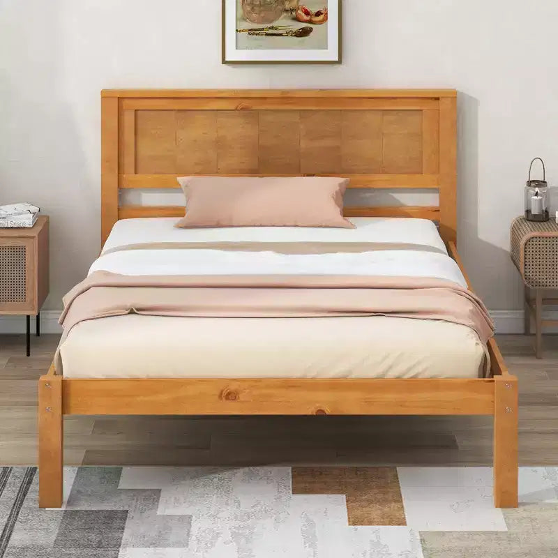 Merax Rustic Pine Wood Platform Bed Frame with Paneled Headboard