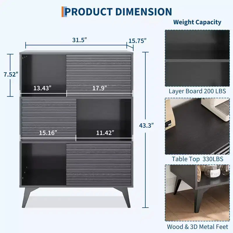 Vitrina de almacenamiento de 3 niveles de estilo moderno de mediados de siglo con puertas, aparador auxiliar de madera con patas resistentes para sala de estar
