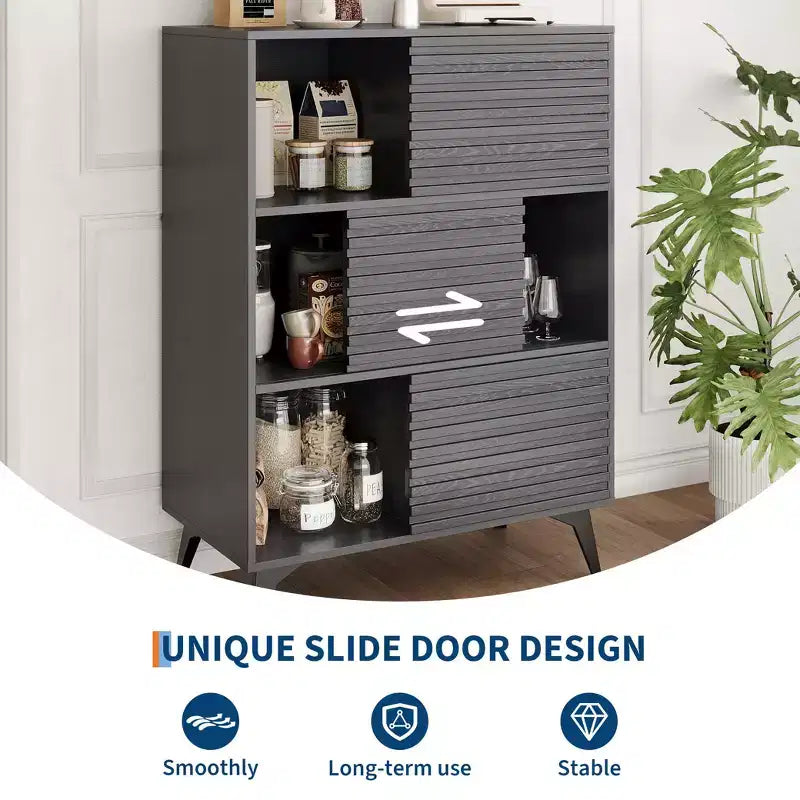 Vitrina de almacenamiento de 3 niveles de estilo moderno de mediados de siglo con puertas, aparador auxiliar de madera con patas resistentes para sala de estar
