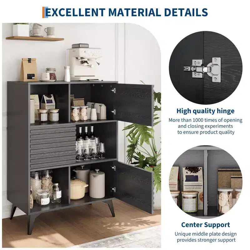 Vitrina de almacenamiento de 3 niveles de estilo moderno de mediados de siglo con puertas, aparador auxiliar de madera con patas resistentes para sala de estar