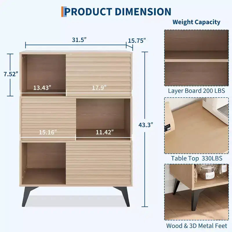 Vitrina de almacenamiento de 3 niveles de estilo moderno de mediados de siglo con puertas, aparador auxiliar de madera con patas resistentes para sala de estar