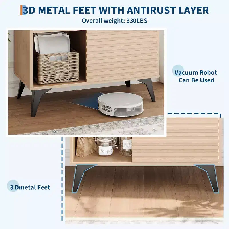 Vitrina de almacenamiento de 3 niveles de estilo moderno de mediados de siglo con puertas, aparador auxiliar de madera con patas resistentes para sala de estar