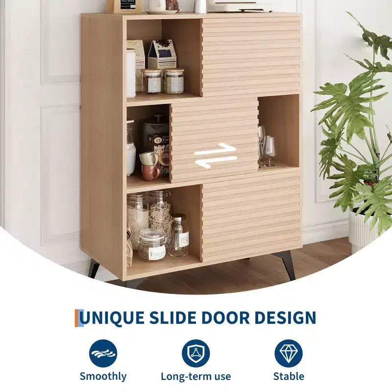 Vitrina de almacenamiento de 3 niveles de estilo moderno de mediados de siglo con puertas, aparador auxiliar de madera con patas resistentes para sala de estar