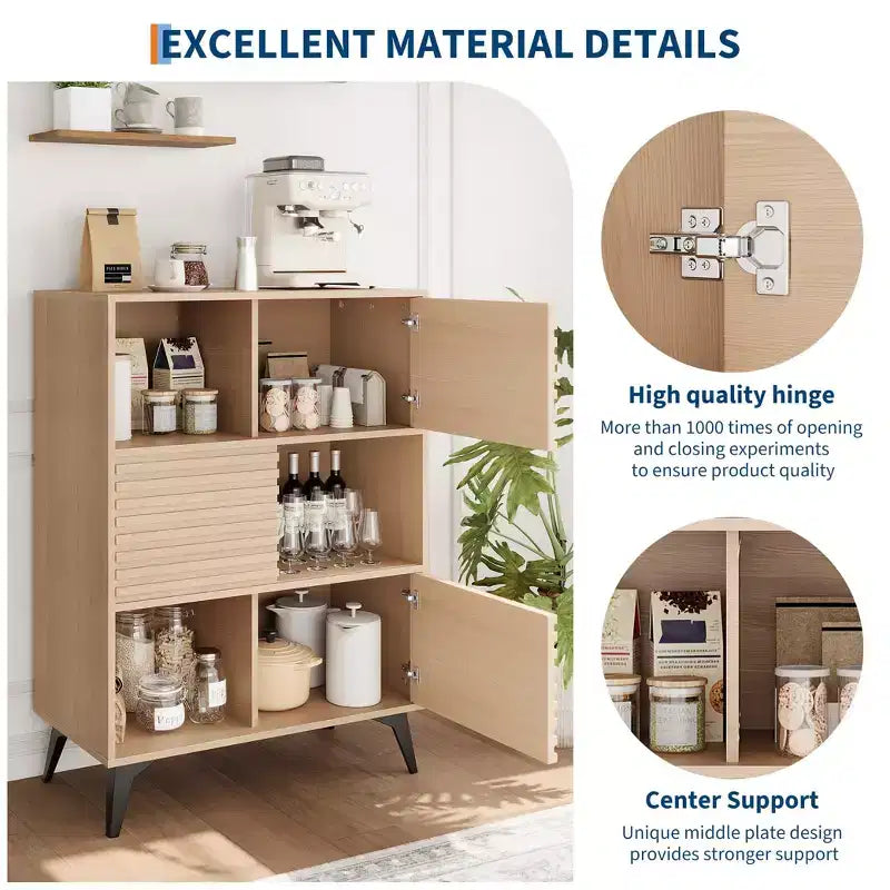 Vitrina de almacenamiento de 3 niveles de estilo moderno de mediados de siglo con puertas, aparador auxiliar de madera con patas resistentes para sala de estar