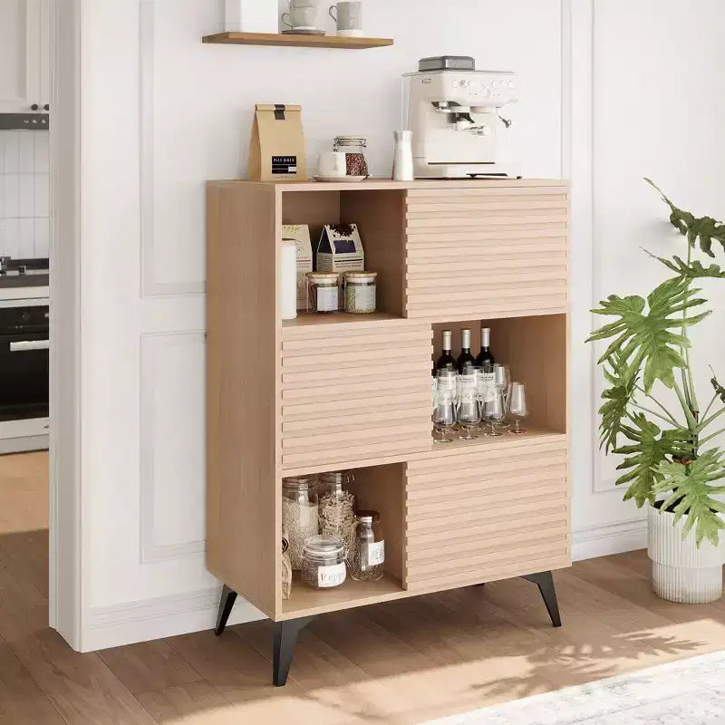 GustoWave Mid-Century Modern 3-Tier Display Storage Cabinet with Doors, Wooden Buffet Accent Cabinet with Strong Legs for Living Room