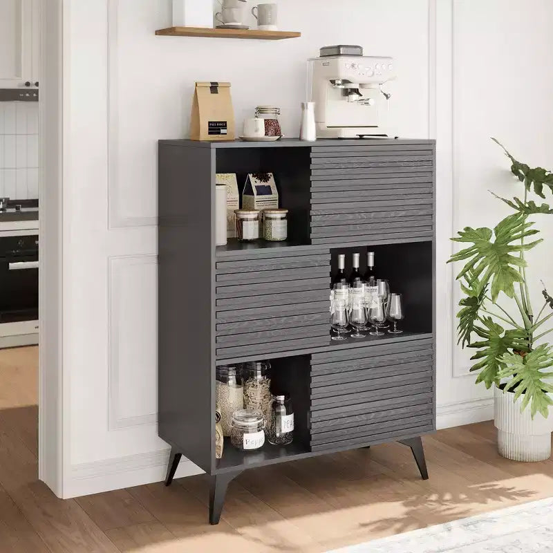 Vitrina de almacenamiento de 3 niveles de estilo moderno de mediados de siglo con puertas, aparador auxiliar de madera con patas resistentes para sala de estar