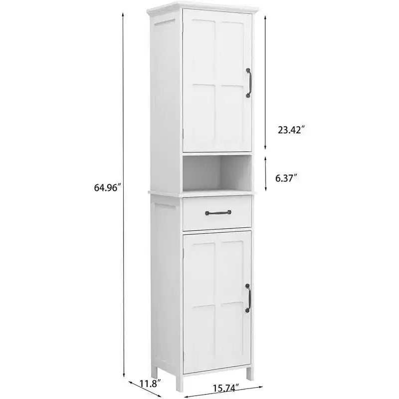 Mueble de almacenamiento alto para baño de 165 cm con 2 puertas y 1 cajón, estantes ajustables, gabinete estrecho y delgado de pie para baño, color blanco