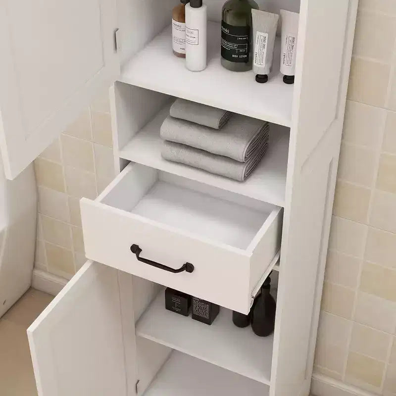 Mueble de almacenamiento alto para baño de 165 cm con 2 puertas y 1 cajón, estantes ajustables, gabinete estrecho y delgado de pie para baño, color blanco