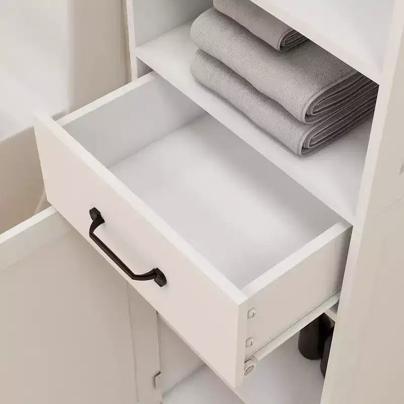 Mueble de almacenamiento alto para baño de 165 cm con 2 puertas y 1 cajón, estantes ajustables, gabinete estrecho y delgado de pie para baño, color blanco