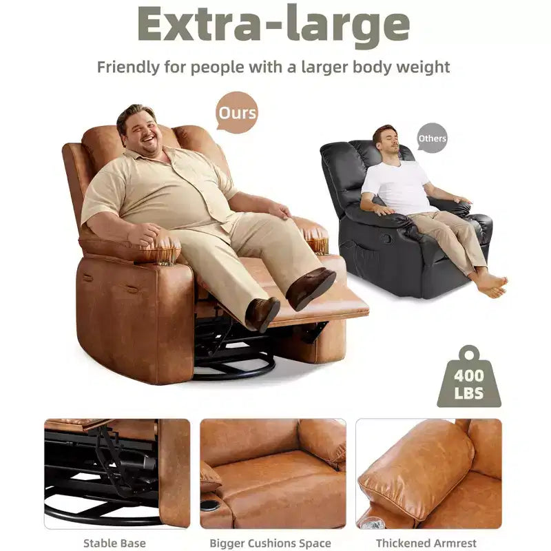 Sillones Reclinables Extra Grandes con Calefacción y Masaje - Sillón Reclinable Perezoso Giratorio 360° para Adultos - Sillón Mecedora Manual con Portavasos para Salas de Estar