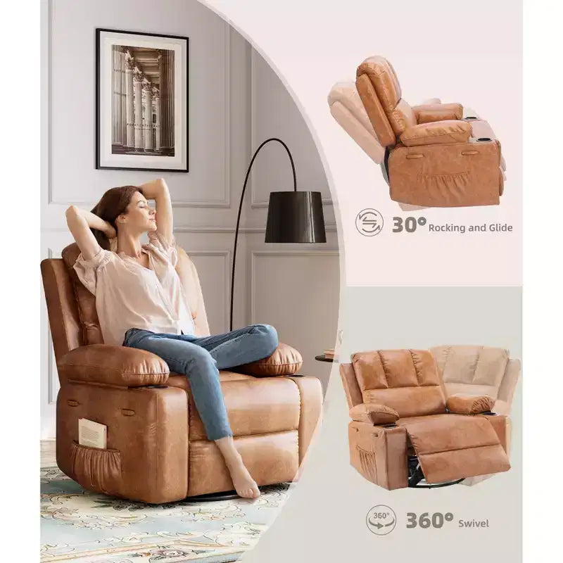 Sillones Reclinables Extra Grandes con Calefacción y Masaje - Sillón Reclinable Perezoso Giratorio 360° para Adultos - Sillón Mecedora Manual con Portavasos para Salas de Estar