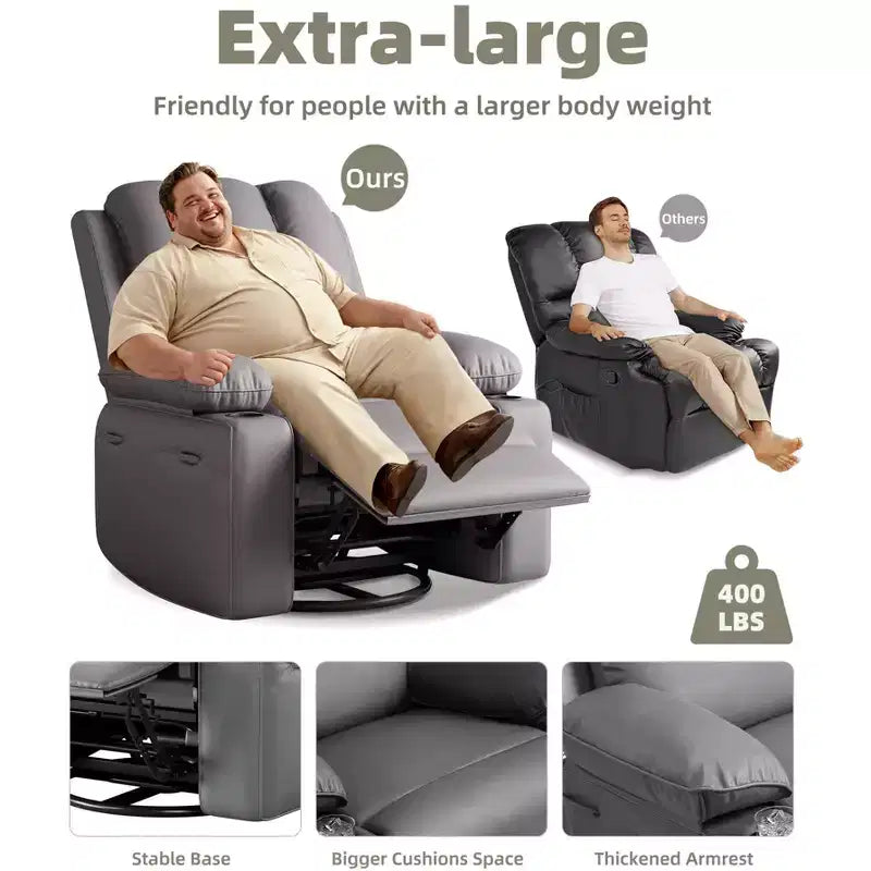 Sillones Reclinables Extra Grandes con Calefacción y Masaje - Sillón Reclinable Perezoso Giratorio 360° para Adultos - Sillón Mecedora Manual con Portavasos para Salas de Estar