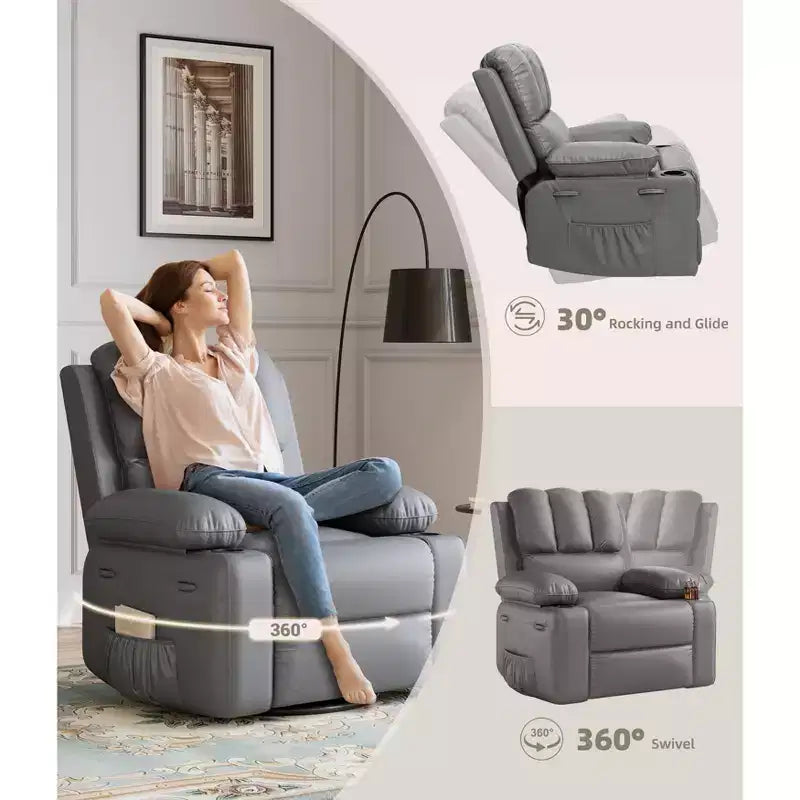 Sillones Reclinables Extra Grandes con Calefacción y Masaje - Sillón Reclinable Perezoso Giratorio 360° para Adultos - Sillón Mecedora Manual con Portavasos para Salas de Estar