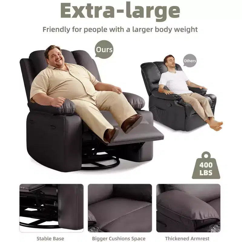 Sillones Reclinables Extra Grandes con Calefacción y Masaje - Sillón Reclinable Perezoso Giratorio 360° para Adultos - Sillón Mecedora Manual con Portavasos para Salas de Estar