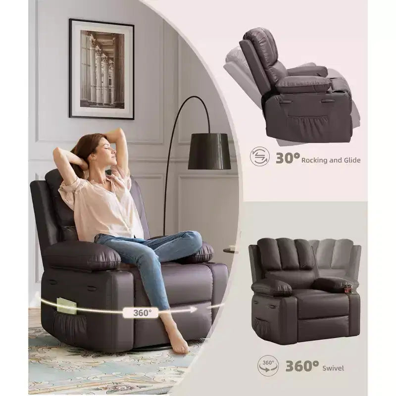 Sillones Reclinables Extra Grandes con Calefacción y Masaje - Sillón Reclinable Perezoso Giratorio 360° para Adultos - Sillón Mecedora Manual con Portavasos para Salas de Estar
