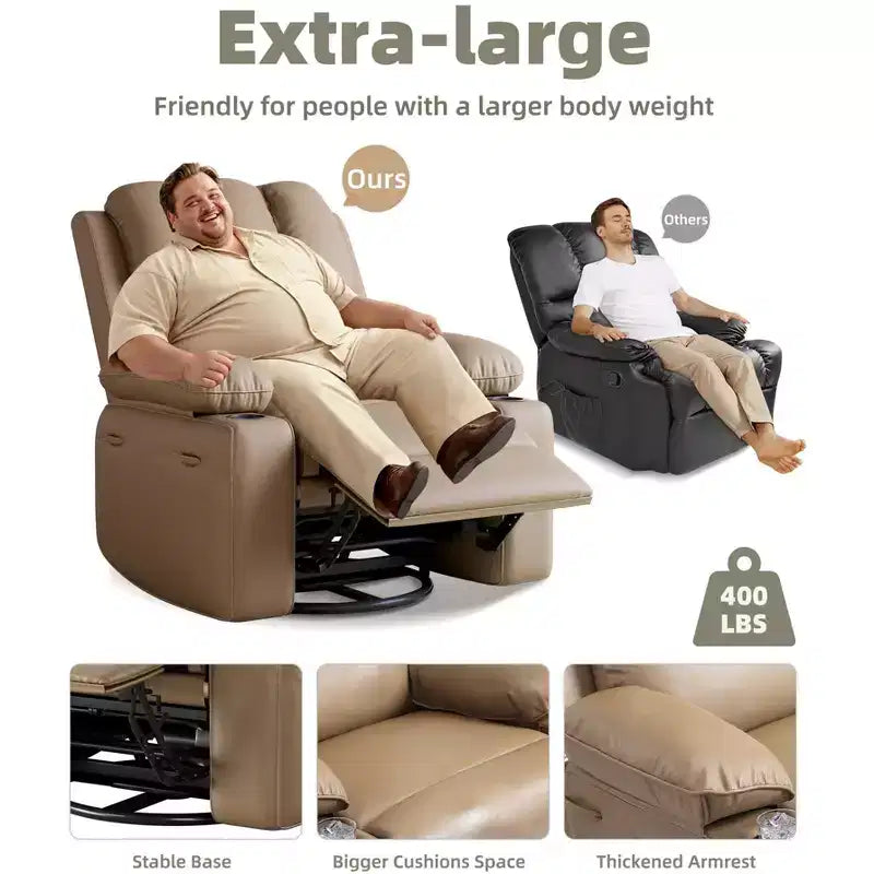 Sillones Reclinables Extra Grandes con Calefacción y Masaje - Sillón Reclinable Perezoso Giratorio 360° para Adultos - Sillón Mecedora Manual con Portavasos para Salas de Estar
