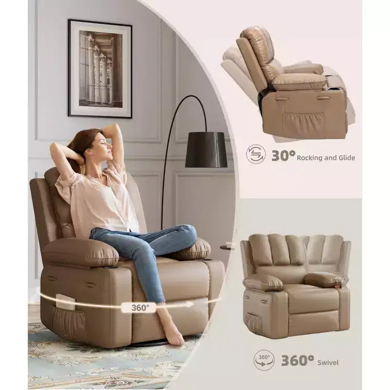 Sillones Reclinables Extra Grandes con Calefacción y Masaje - Sillón Reclinable Perezoso Giratorio 360° para Adultos - Sillón Mecedora Manual con Portavasos para Salas de Estar