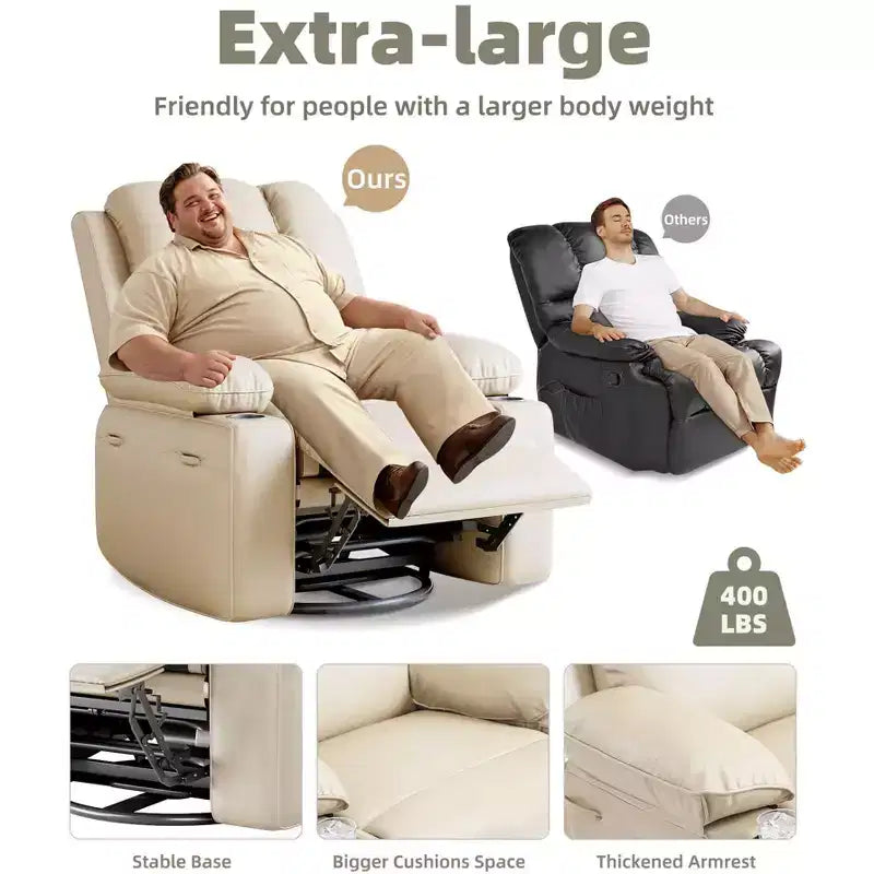 Sillones Reclinables Extra Grandes con Calefacción y Masaje - Sillón Reclinable Perezoso Giratorio 360° para Adultos - Sillón Mecedora Manual con Portavasos para Salas de Estar