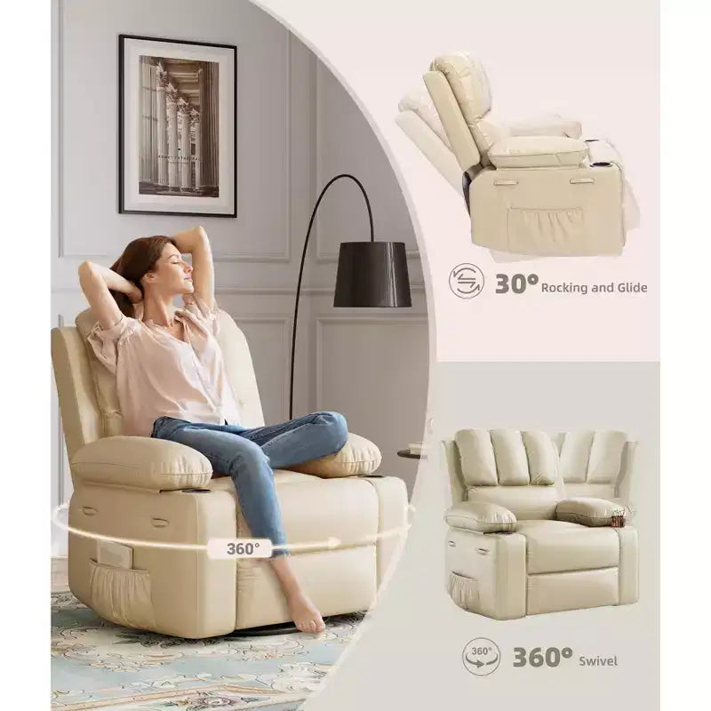 Sillones Reclinables Extra Grandes con Calefacción y Masaje - Sillón Reclinable Perezoso Giratorio 360° para Adultos - Sillón Mecedora Manual con Portavasos para Salas de Estar