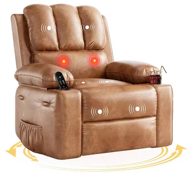 Sillones Reclinables Extra Grandes con Calefacción y Masaje - Sillón Reclinable Perezoso Giratorio 360° para Adultos - Sillón Mecedora Manual con Portavasos para Salas de Estar