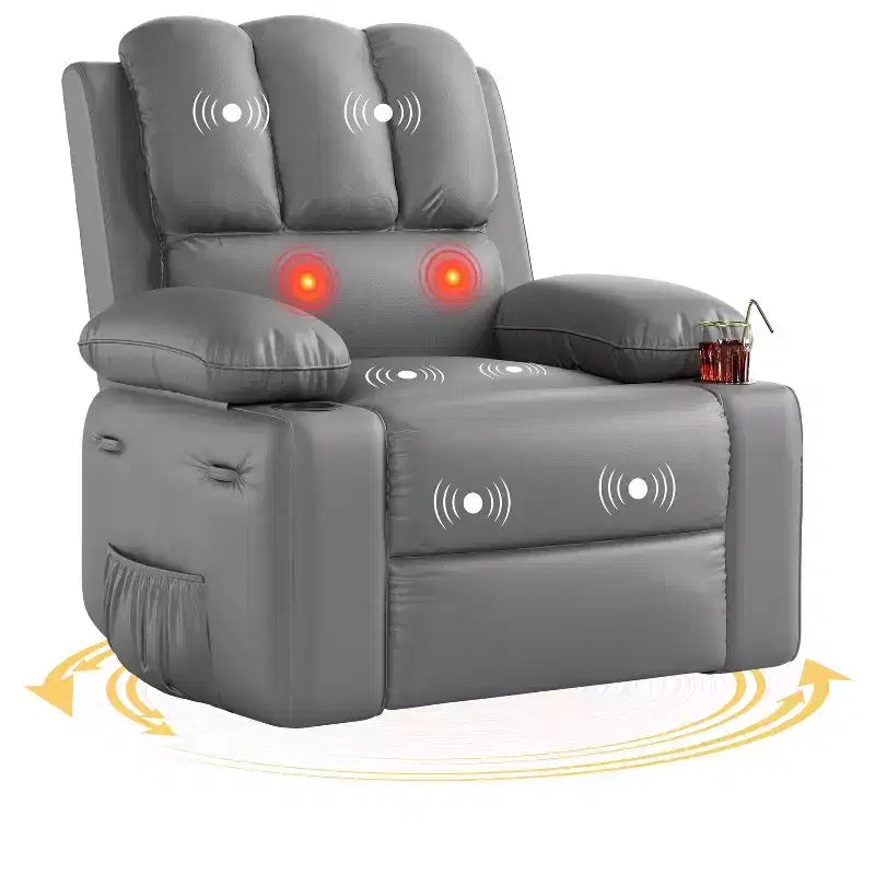 Sillones Reclinables Extra Grandes con Calefacción y Masaje - Sillón Reclinable Perezoso Giratorio 360° para Adultos - Sillón Mecedora Manual con Portavasos para Salas de Estar