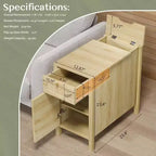 Mesa auxiliar de un cajón y una puerta de MDF color roble con superficie de mimbre y enchufe