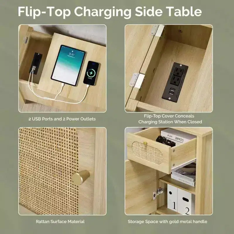 Mesa auxiliar de un cajón y una puerta de MDF color roble con superficie de mimbre y enchufe