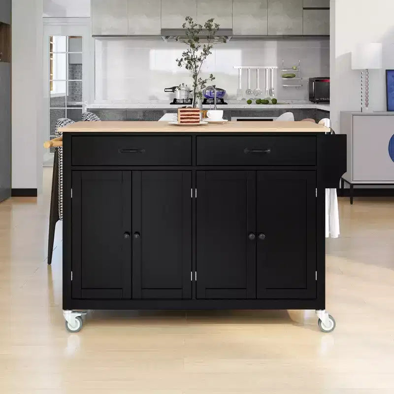 MAYEERTY Kitchen Island Cart with Solid Wood Top and Locking Wheels 4 Doors Cabinet and Two Drawers Spice Rack Black