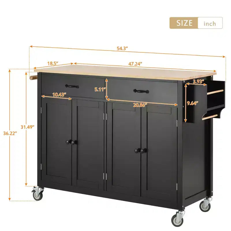 Carro de isla de cocina con tapa de madera maciza y ruedas con bloqueo, gabinete de 4 puertas y dos cajones, especiero, color negro