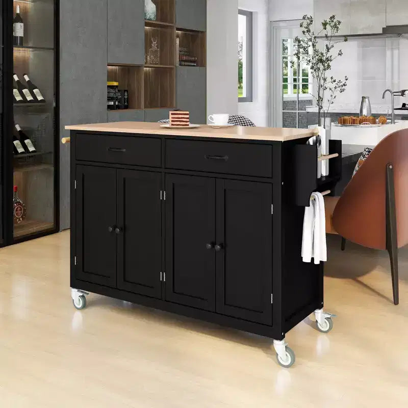 Carro de isla de cocina con tapa de madera maciza y ruedas con bloqueo, gabinete de 4 puertas y dos cajones, especiero, color negro