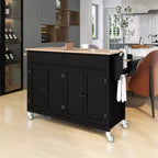 Carro de isla de cocina con tapa de madera maciza y ruedas con bloqueo, gabinete de 4 puertas y dos cajones, especiero, color negro