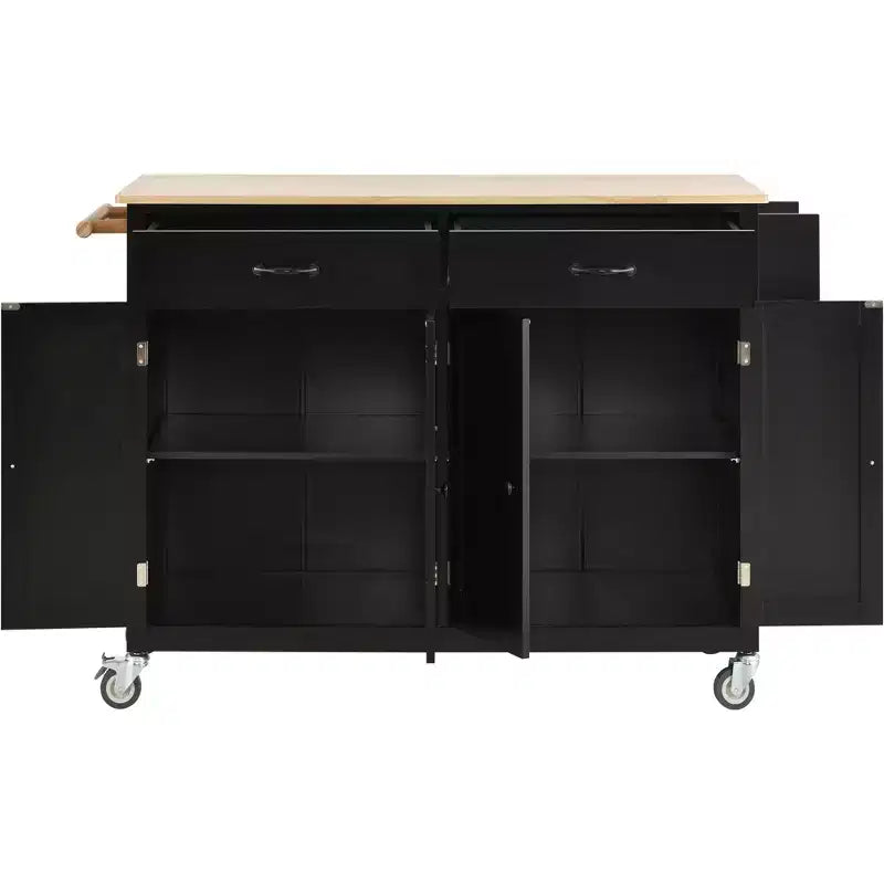 Carro de isla de cocina con tapa de madera maciza y ruedas con bloqueo, gabinete de 4 puertas y dos cajones, especiero, color negro