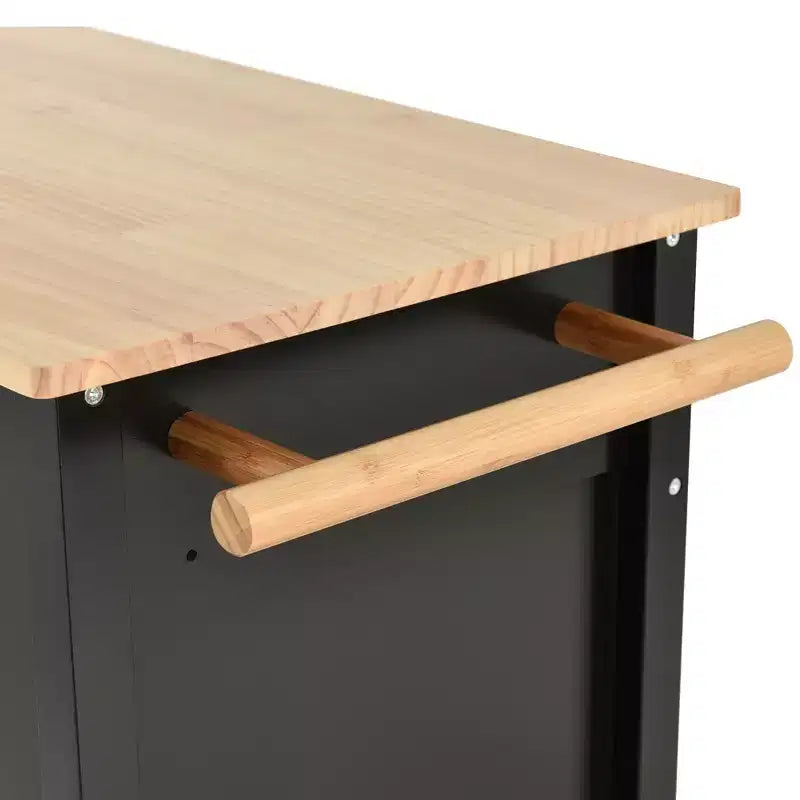 Carro de isla de cocina con tapa de madera maciza y ruedas con bloqueo, gabinete de 4 puertas y dos cajones, especiero, color negro