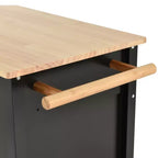 Carro de isla de cocina con tapa de madera maciza y ruedas con bloqueo, gabinete de 4 puertas y dos cajones, especiero, color negro