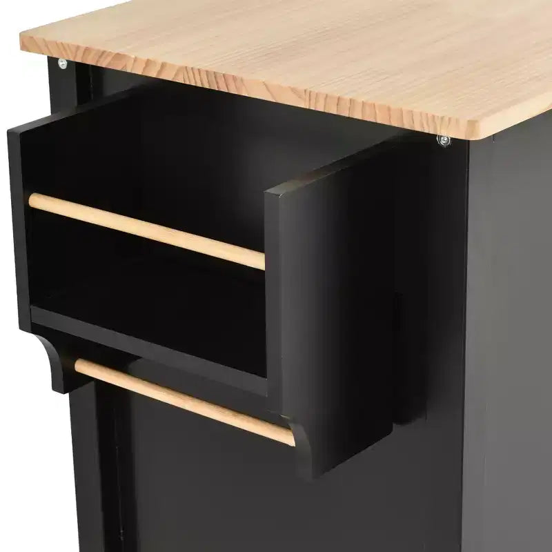 Carro de isla de cocina con tapa de madera maciza y ruedas con bloqueo, gabinete de 4 puertas y dos cajones, especiero, color negro