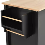 Carro de isla de cocina con tapa de madera maciza y ruedas con bloqueo, gabinete de 4 puertas y dos cajones, especiero, color negro
