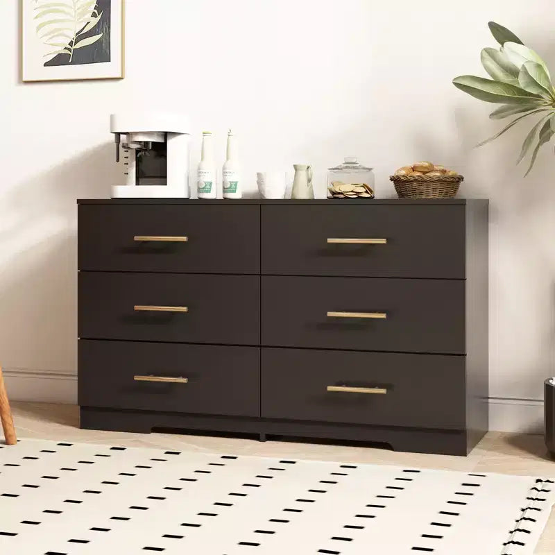 MAYEERTY Black Large 6 Drawers Chest of Drawer Dressers Table with Golden Handle