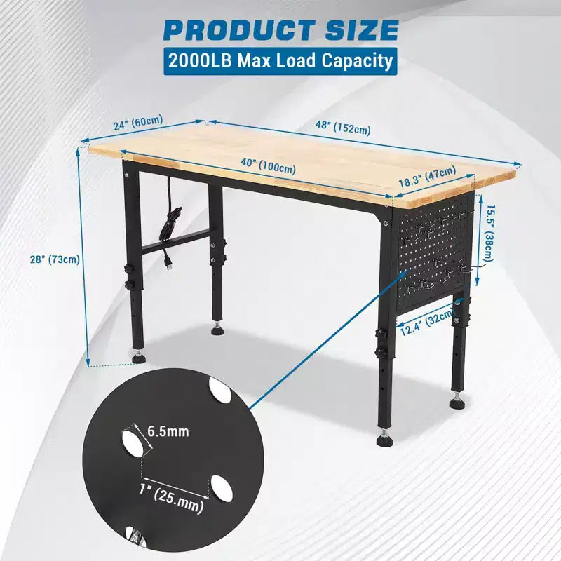 Banco de trabajo ajustable de 24W y 907 kg (2000 lbs) de capacidad - Mesa de servicio pesado con toma de corriente y panel perforado para taller y hogar