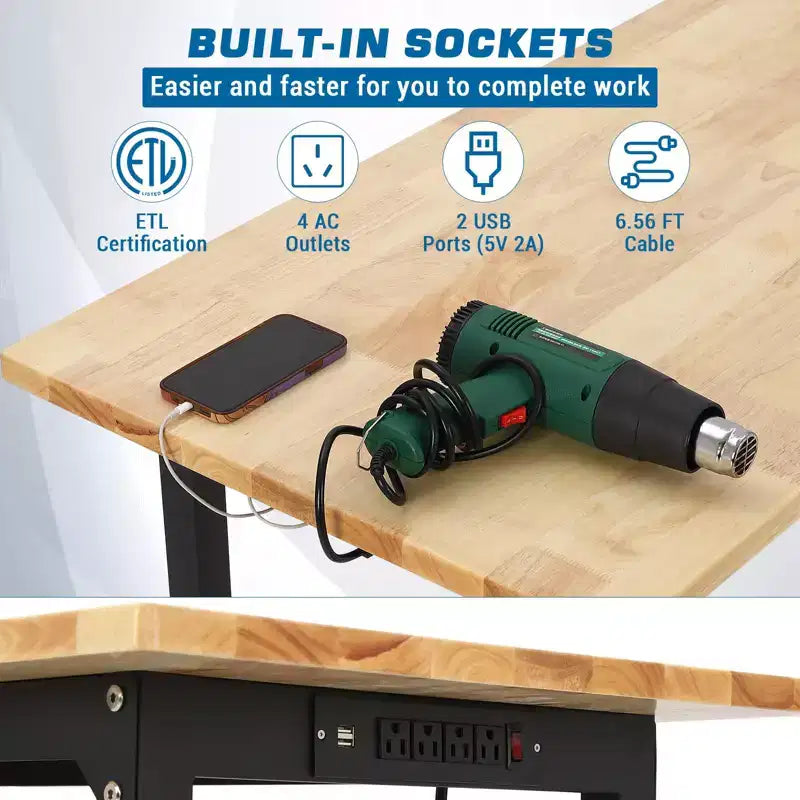 Banco de trabajo ajustable de 24W y 907 kg (2000 lbs) de capacidad - Mesa de servicio pesado con toma de corriente y panel perforado para taller y hogar