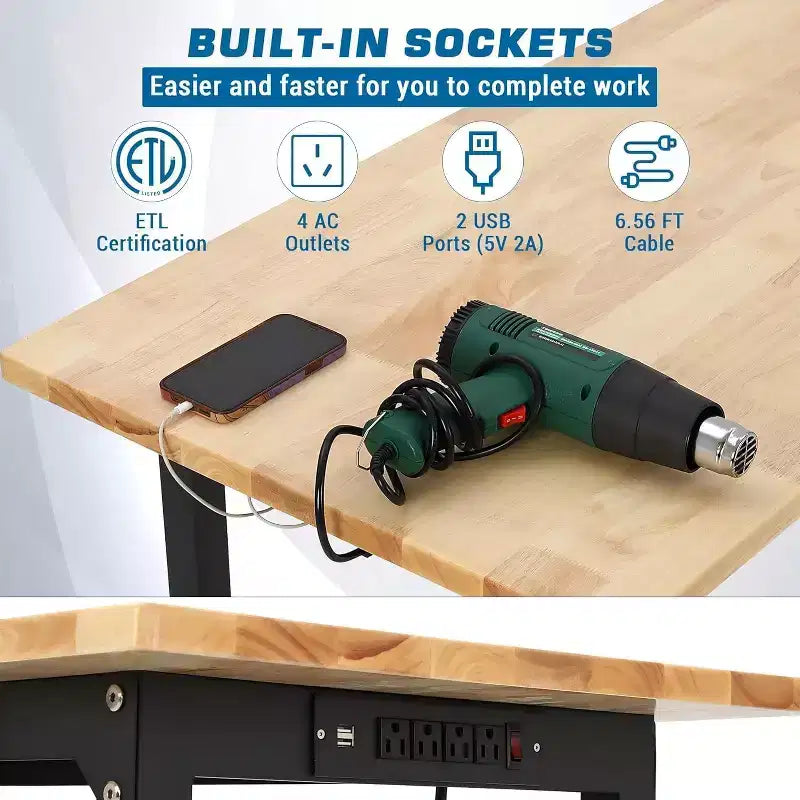 Banco de trabajo ajustable de 24W y 907 kg (2000 lbs) de capacidad - Mesa de servicio pesado con toma de corriente y panel perforado para taller y hogar